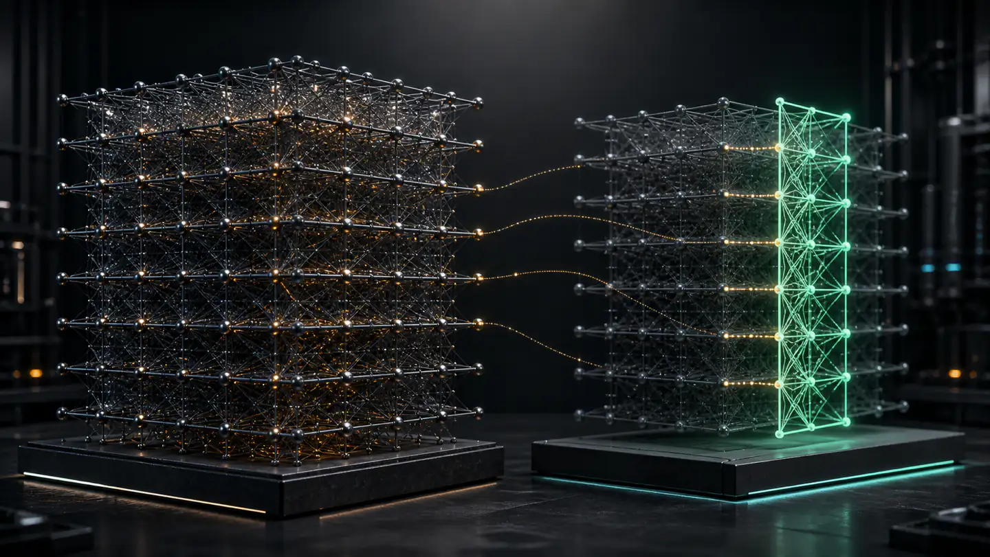 A complete model lattice beside a slim LoRA adapter overlay attached to a separate base model.