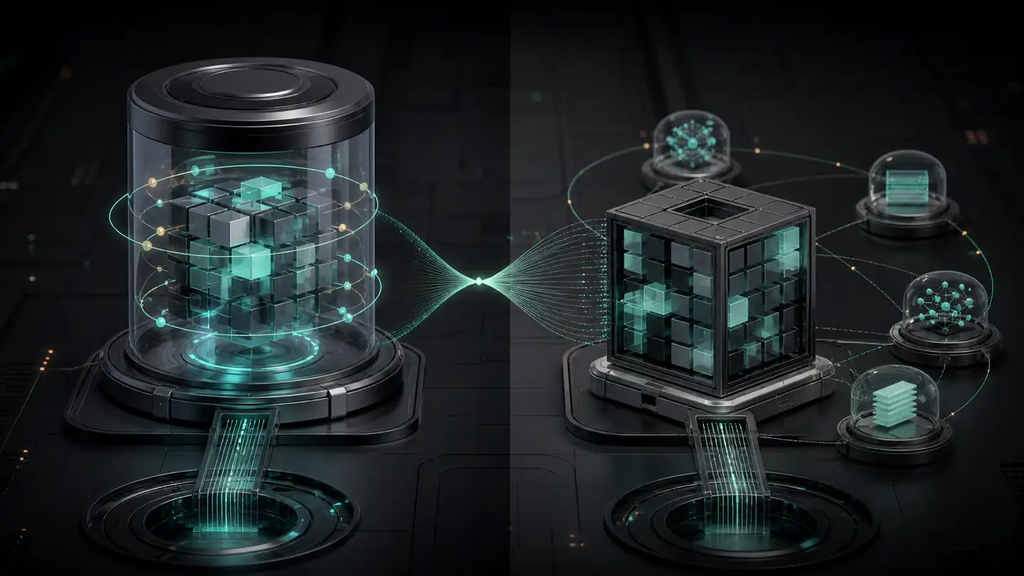 A self-contained inference container beside a modular tensor container with companion configuration assets.