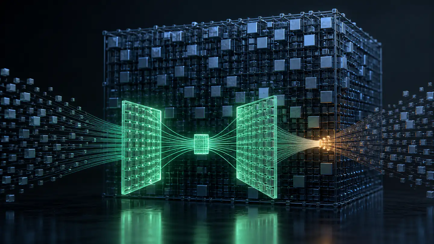 Two small low-rank matrices steering a much larger frozen neural-network weight lattice.