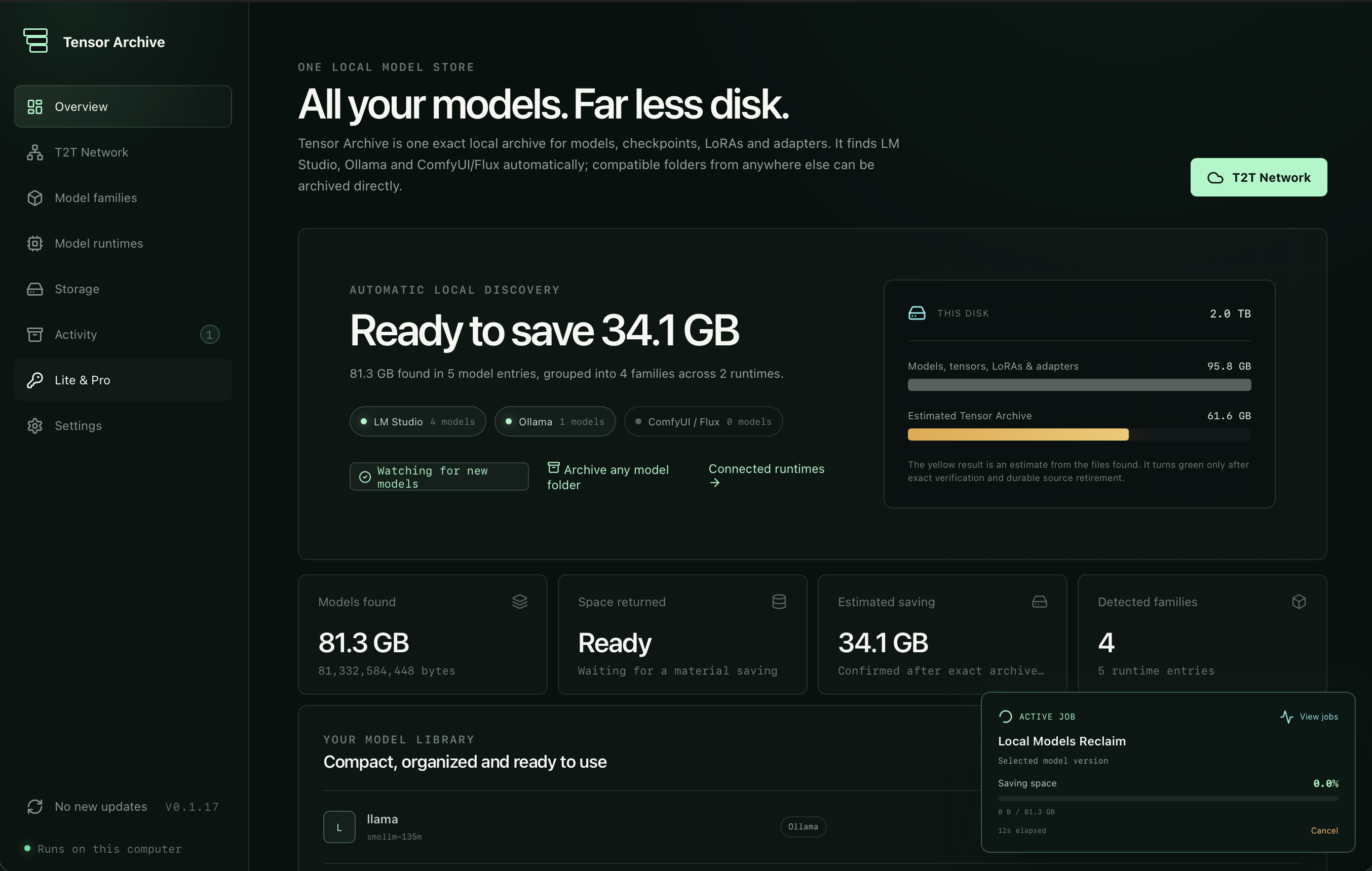 Tensor Archive Local がモデルライブラリを自動検出し、節約可能な 34.1 GB を表示